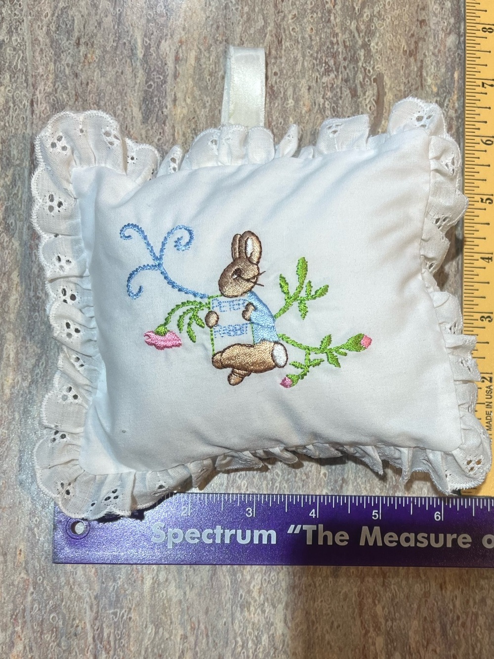 White Embroidered Beatrix Potter Hanging Pillow with Music Box EUC